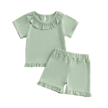 Short Sleeve Solid Ruffled Trim Toddler Set Green 9-12 M
