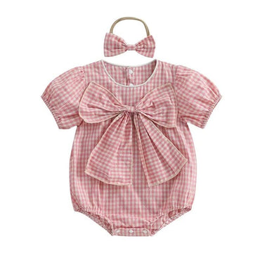 Short Sleeve Plaid Bow Baby Romper Pink 0-3 M