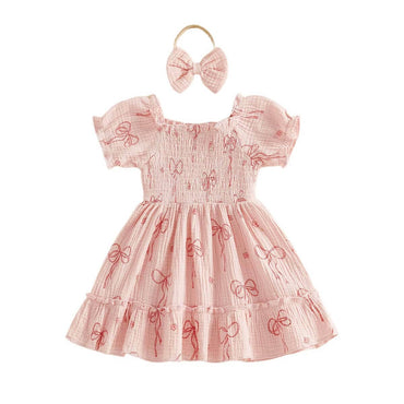 Puff Sleeve Bows Toddler Dress Pink 12-18 M
