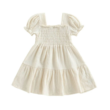 Puff Sleeve Solid Toddler Dress Beige 12-18 M