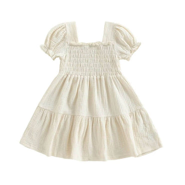 Puff Sleeve Solid Toddler Dress Beige 12-18 M