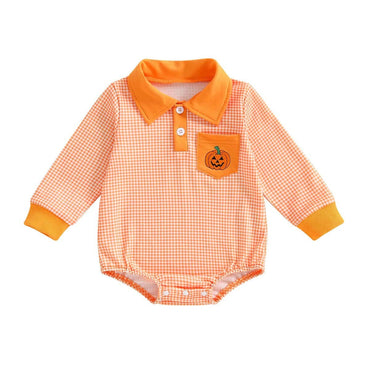 Long Sleeve Checkered Collar Halloween Baby Romper