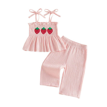 Tie Straps Pink Strawberry Smocked Toddler Set