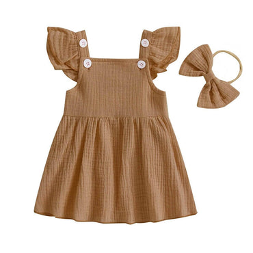 Flutter Sleeve Solid Baby Dress Brown 3-6 M