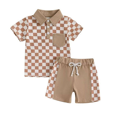 Short Sleeve Checkered Collar Toddler Set Khaki 9-12 M