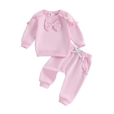 Long Sleeve Solid Ruffled Bow Baby Set Pink 3-6 M
