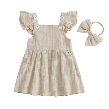 Flutter Sleeve Solid Baby Dress Beige 3-6 M
