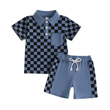Short Sleeve Checkered Collar Toddler Set Blue 9-12 M