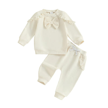 Long Sleeve Solid Ruffled Bow Baby Set Beige 3-6 M