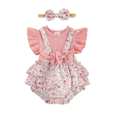 Fly Sleeve Floral Bows Baby Romper Rompers The Trendy Toddlers Pink 0-3 M