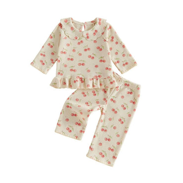 Long Sleeve Cherry Collar Toddler Set Beige 9-12 M