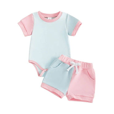 Short Sleeve Color Block Shorts Baby Set Blue 0-3 M