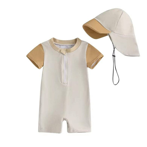 Short Sleeve Zipper Baby Swimsuit Beige 3-6 M