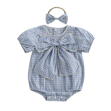 Short Sleeve Plaid Bow Baby Romper Blue 0-3 M