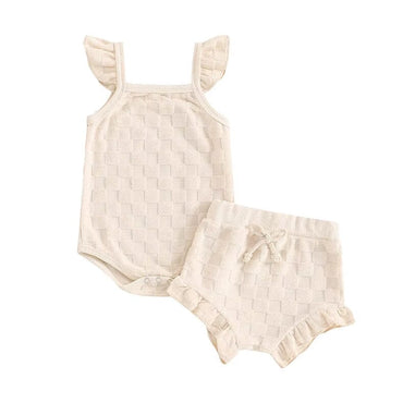 Fly Sleeve Solid Checkered Baby Set Beige 0-3 M