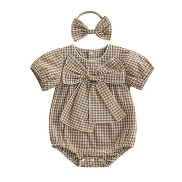 Short Sleeve Plaid Bow Baby Romper Brown 0-3 M