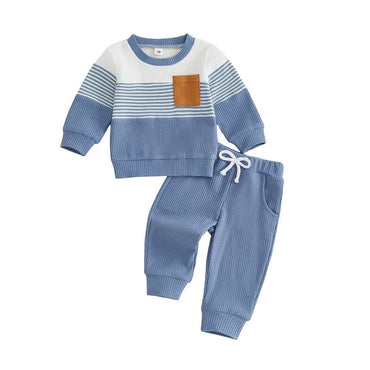 Long Sleeve Striped Waffle Toddler Set Blue 3-6 M