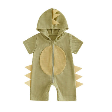 Short Sleeve Dino Hooded Waffle Baby Romper Beige 0-3 M