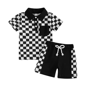 Short Sleeve Checkered Collar Toddler Set Black 9-12 M