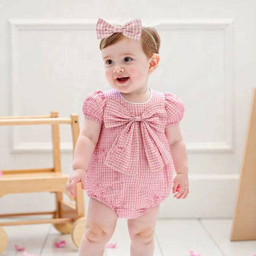Short Sleeve Plaid Bow Baby Romper