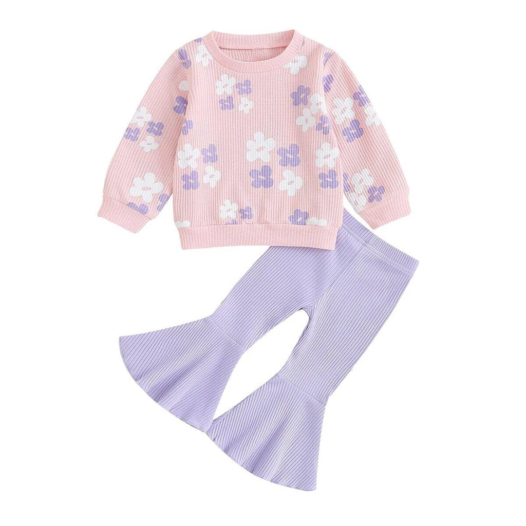 Girls Floral Print 2 Piece Waffle Set (Sweatshirt & Pull On Pants) (2-8y) - Heather Gray