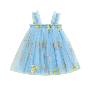 Embroidered Floral Tulle Princess Dress Blue 3-6 M