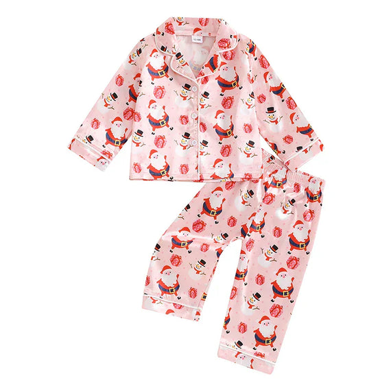 Long Sleeve Pink Santa Snowman Pajama Set 12-18 M