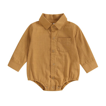Long Sleeve Linen Button Down Baby Romper Khaki 3-6 M