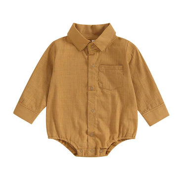 Long Sleeve Linen Button Down Baby Romper Khaki 3-6 M