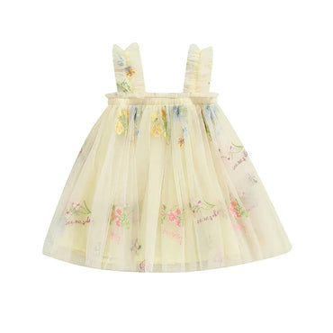 Embroidered Floral Tulle Princess Dress Yellow 3-6 M