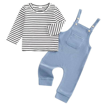 Striped Waffle Suspender Toddler Set Blue 3T