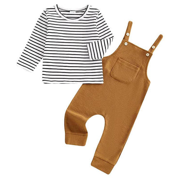Striped Waffle Suspender Toddler Set Brown 12-18 M