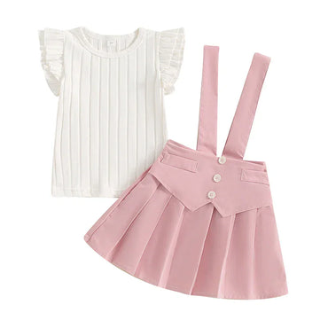 Pleated Suspender Skirt Toddler Set Pink 3T