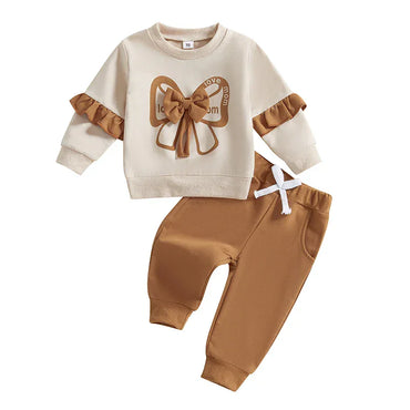 Love Mom Long Sleeve Ruffle Bow Set Brown 3-6 M