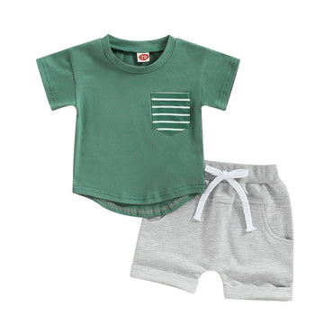 Striped Pocket Tee Solid Shorts Baby Set Green 3-6 M