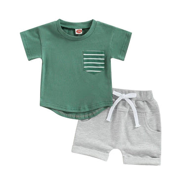 Striped Pocket Tee Solid Shorts Baby Set Green 3-6 M
