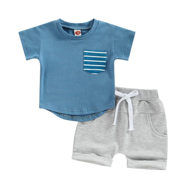Striped Pocket Tee Solid Shorts Baby Set Blue 3-6 M