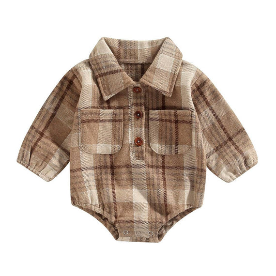 Long Sleeve Plaid Collar Baby Romper Brown 3-6 M