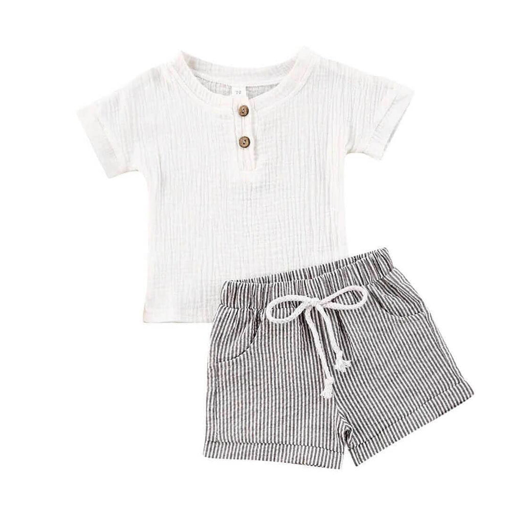 Baby Boy White Linen Striped 2Piece Outfit Set The Trendy Toddlers