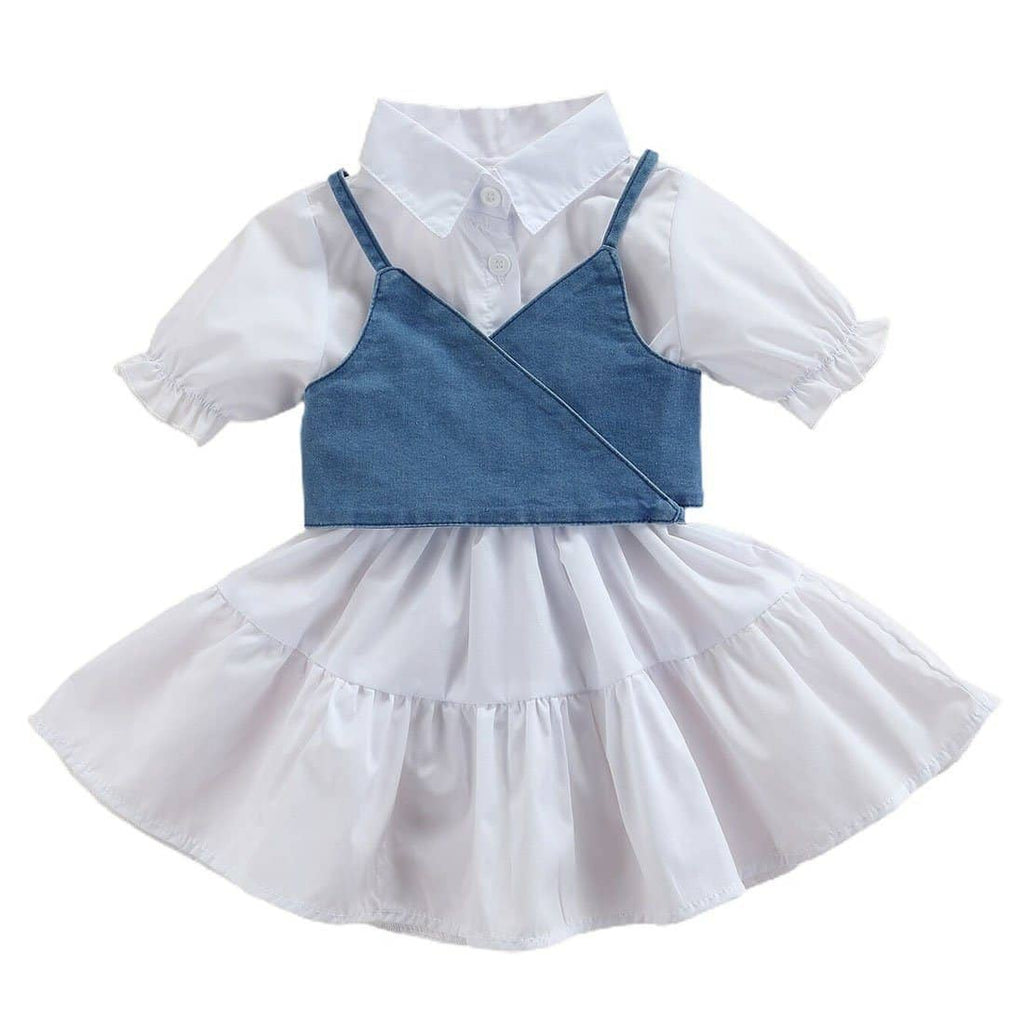 fitted lace wedding dress Toddler Girl Denim Vest Short Sleeve White Dress – The Trendy Toddlers
