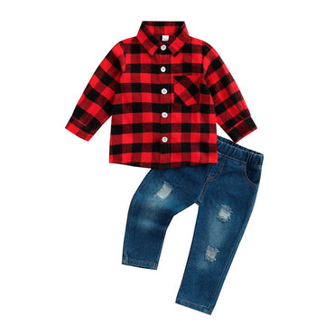 Plaid Shirt Ripped Jeans Toddler Set