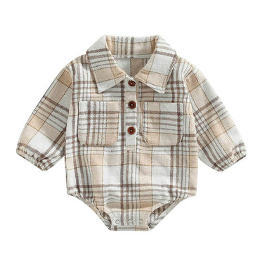 Long Sleeve Plaid Collar Baby Romper White Beige 3-6 M