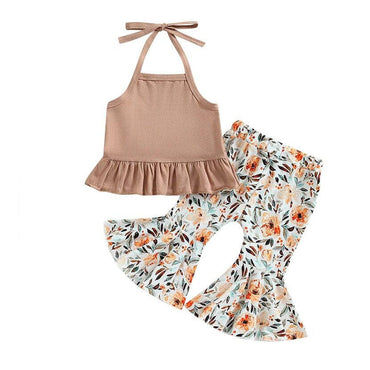 Solid Ruffled Top Floral Pants Baby Set