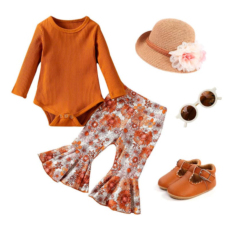 Baby Girl Brown Floral Flared Pants 2Piece Clothing Set The Trendy