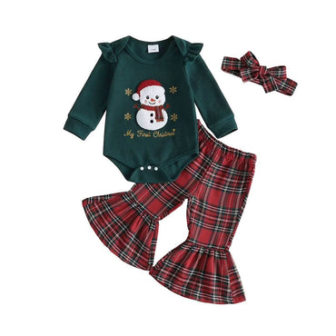 Long Sleeve Christmas Plaid Flared Pants Baby Set