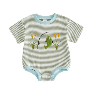 Short Sleeve Striped Fishing Floral Baby Romper Green 0-3 M