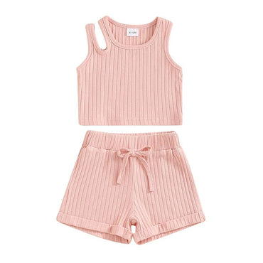 Solid Ribbed Double Strap Toddler Set Pink 9-12 M 