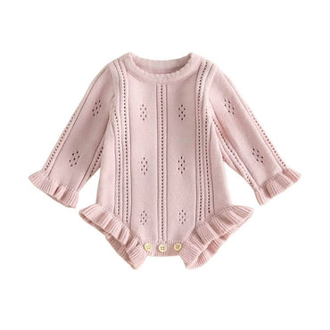Long Sleeve Solid Knit Ruffled Baby Romper Pink 0-3 M