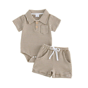 Short Sleeve Striped Collar Baby Set Brown 0-3 M