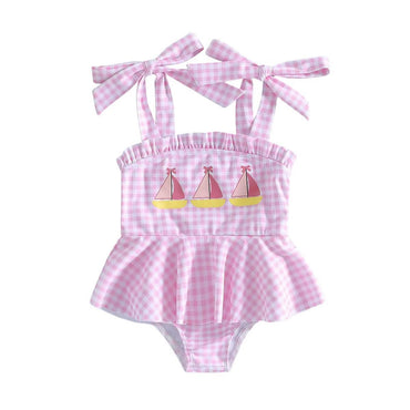 Tie Shoulder Straps Sailboat Baby Swimsuit Pink 0-3 M